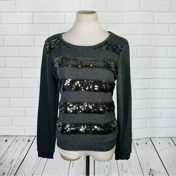 10/$25🦋 Forever 21 Black Sequin Stripe Crew Neck Sweater - Size Large - Picture 1 of 10